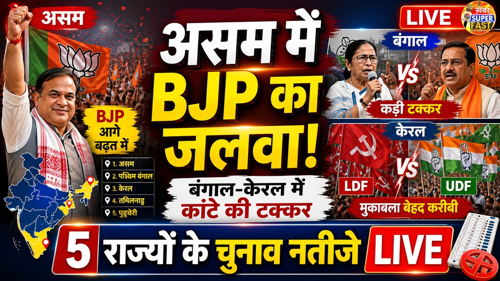 असम में BJP का जलवा, बंगाल-केरल में कांटे की टक्कर | 5 राज्यों के चुनाव नतीजे LIVE